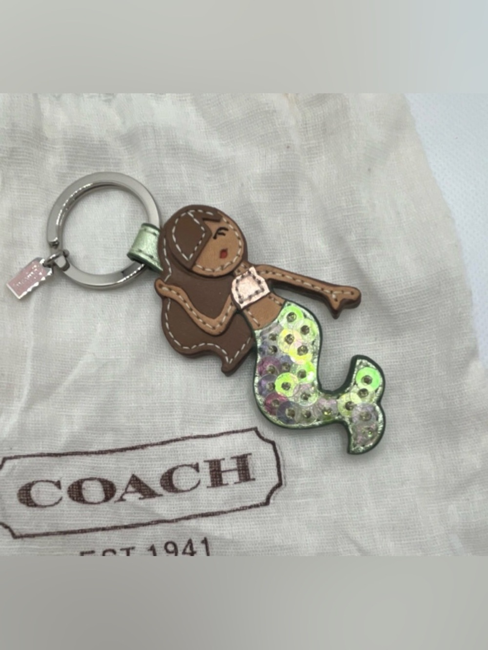 Coach Mermaid Leather Keychain in Brown and Iridescent Green